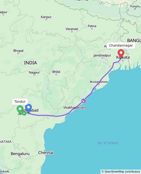 Route map showing distance and travel time from Tandur, India to Chandannagar, India