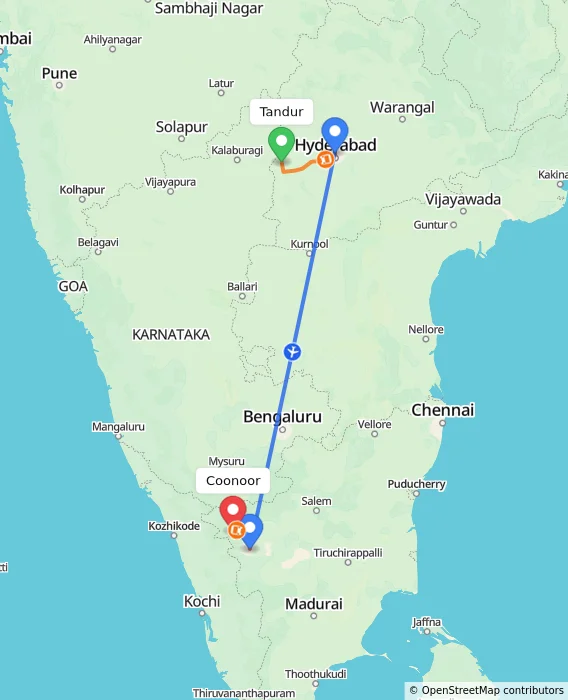 Route map showing distance and travel time from Tandur, India to Coonoor, India
