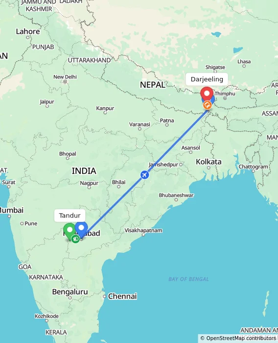 Route map showing distance and travel time from Tandur, India to Darjeeling, India