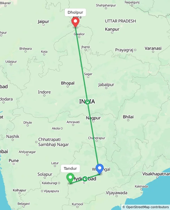 Route map showing distance and travel time from Tandur, India to Dholpur, India