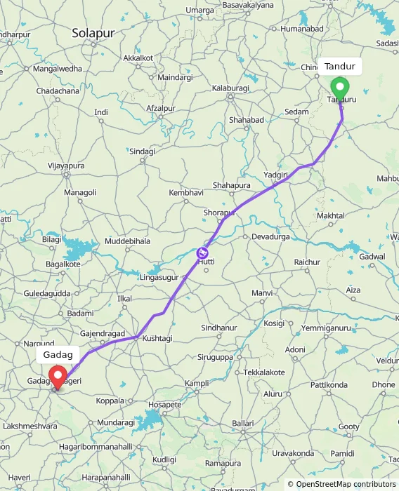 Route map showing distance and travel time from Tandur, India to Gadag, India