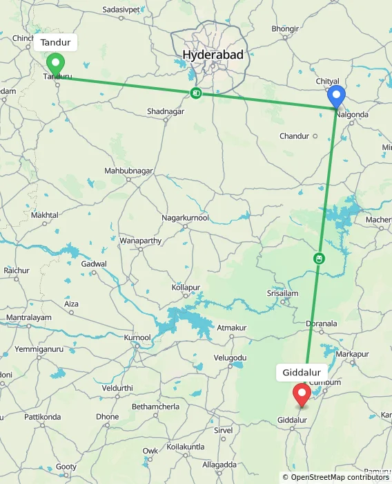 Route map showing distance and travel time from Tandur, India to Giddalur, India