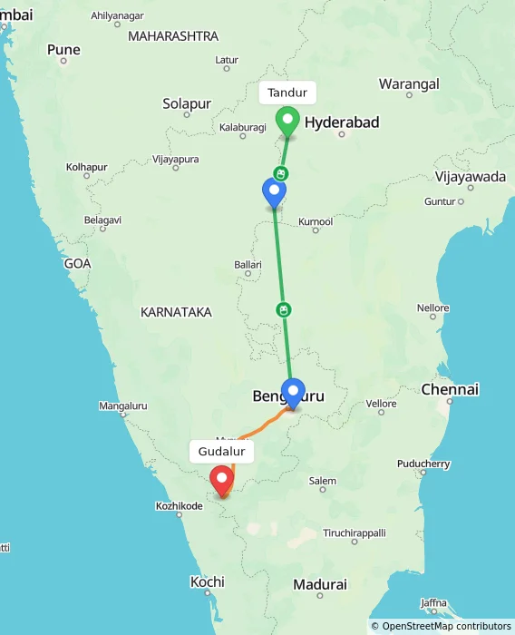 Route map showing distance and travel time from Tandur, India to Gudalur, India