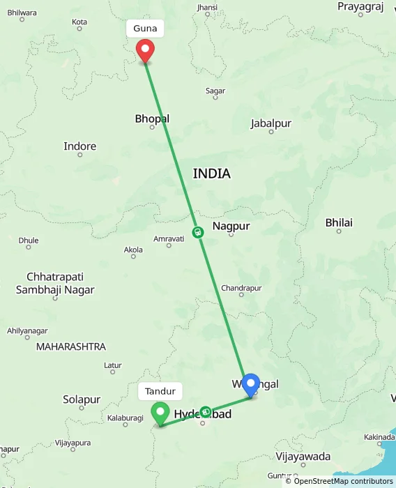 Route map showing distance and travel time from Tandur, India to Guna, India
