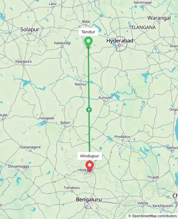 Route map showing distance and travel time from Tandur, India to Hindupur, India