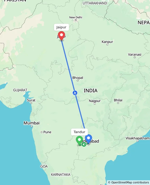 Route map showing distance and travel time from Tandur, India to Jaipur, India