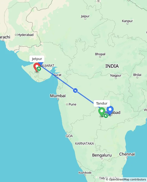 Route map showing distance and travel time from Tandur, India to Jetpur, India