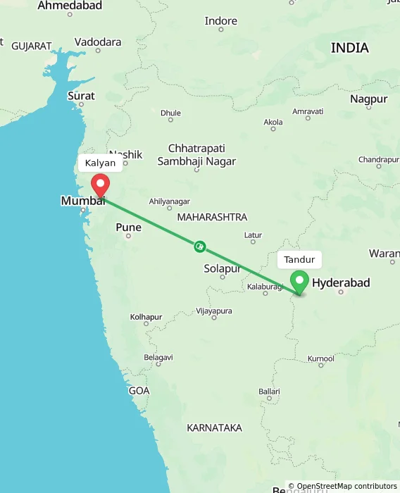 Route map showing distance and travel time from Tandur, India to Kalyan, India