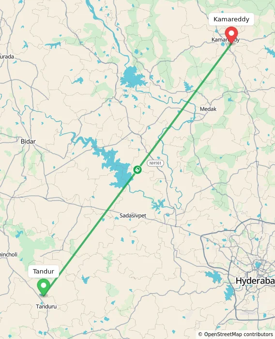 Route map showing distance and travel time from Tandur, India to Kamareddy, India