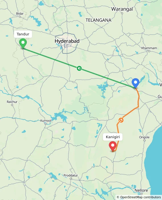 Route map showing distance and travel time from Tandur, India to Kanigiri, India
