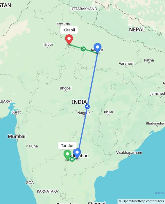 Route map showing distance and travel time from Tandur, India to Kiraoli, India