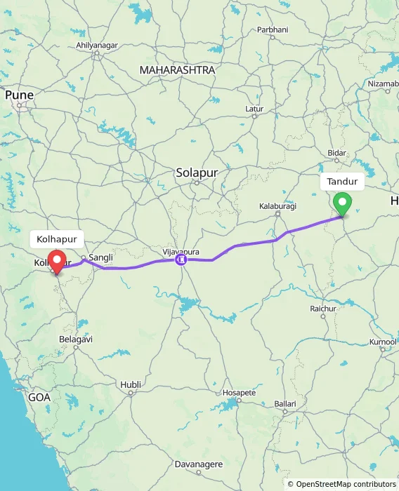Route map showing distance and travel time from Tandur, India to Kolhapur, India