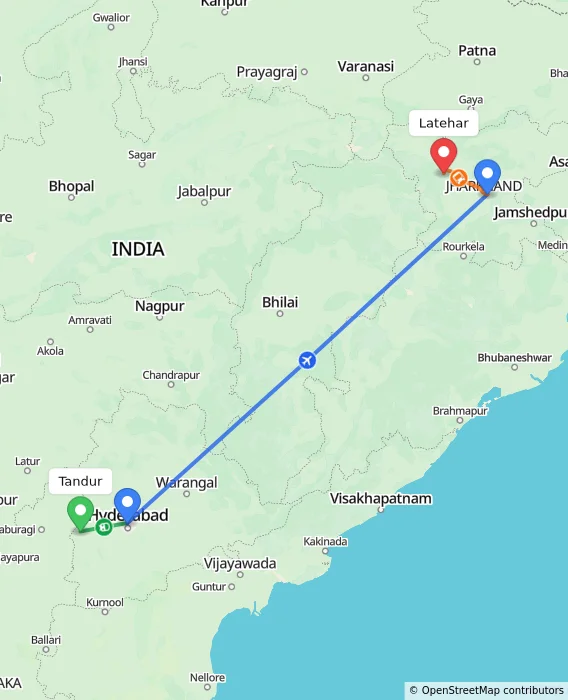 Route map showing distance and travel time from Tandur, India to Latehar, India