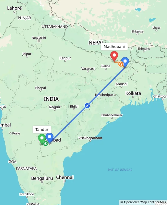 Route map showing distance and travel time from Tandur, India to Madhubani, India