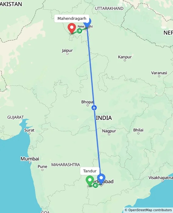 Route map showing distance and travel time from Tandur, India to Mahendragarh, India