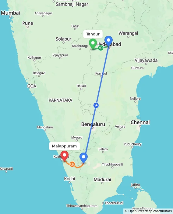 Route map showing distance and travel time from Tandur, India to Malappuram, India
