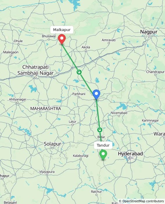 Route map showing distance and travel time from Tandur, India to Malkapur, India