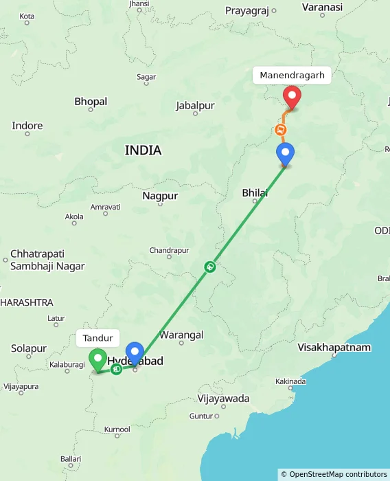 Route map showing distance and travel time from Tandur, India to Manendragarh, India