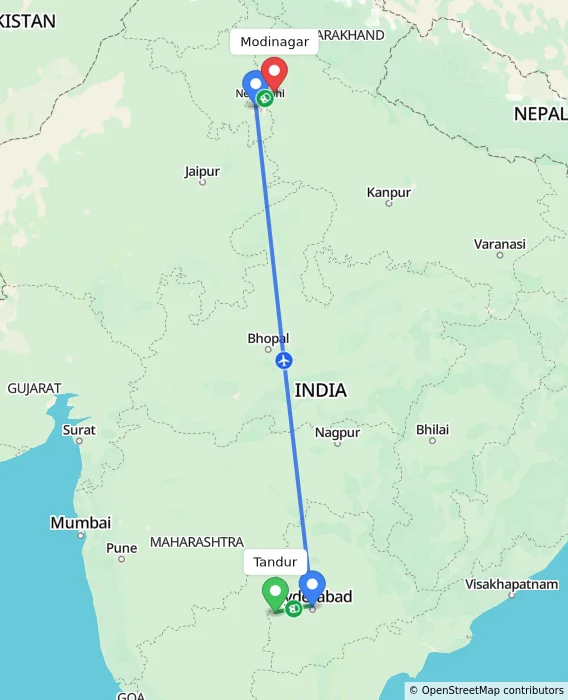 Route map showing distance and travel time from Tandur, India to Modinagar, India