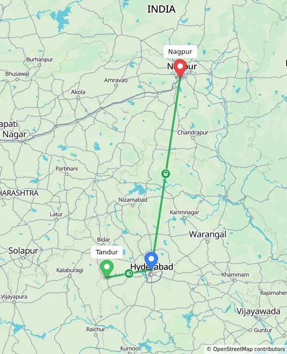 Route map showing distance and travel time from Tandur, India to Nagpur, India