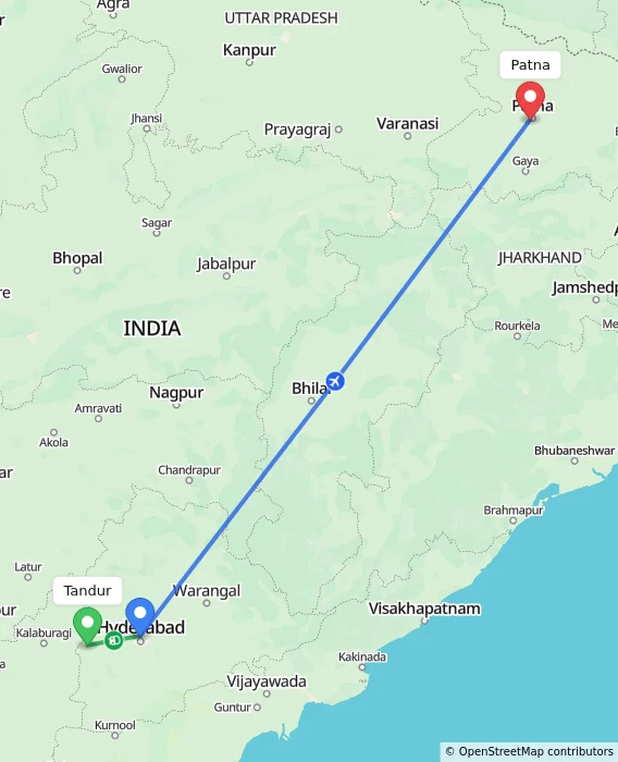 Route map showing distance and travel time from Tandur, India to Patna, India