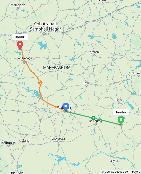 Route map showing distance and travel time from Tandur, India to Rahuri, India