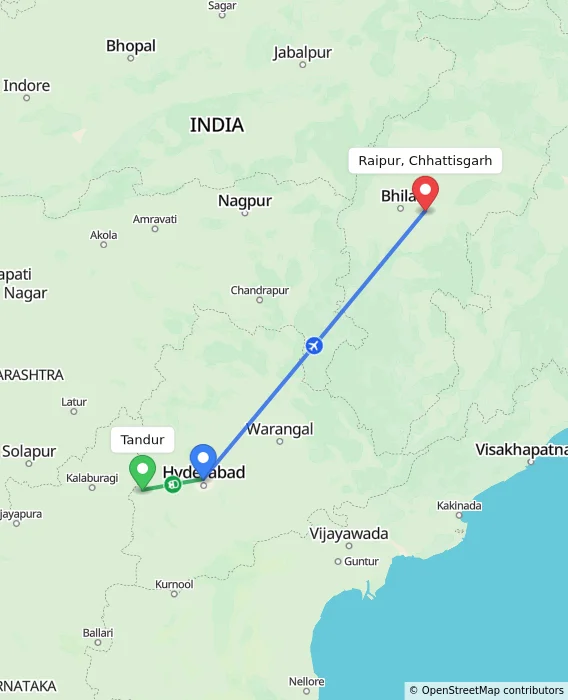 Route map showing distance and travel time from Tandur, India to Raipur, Chhattisgarh, India