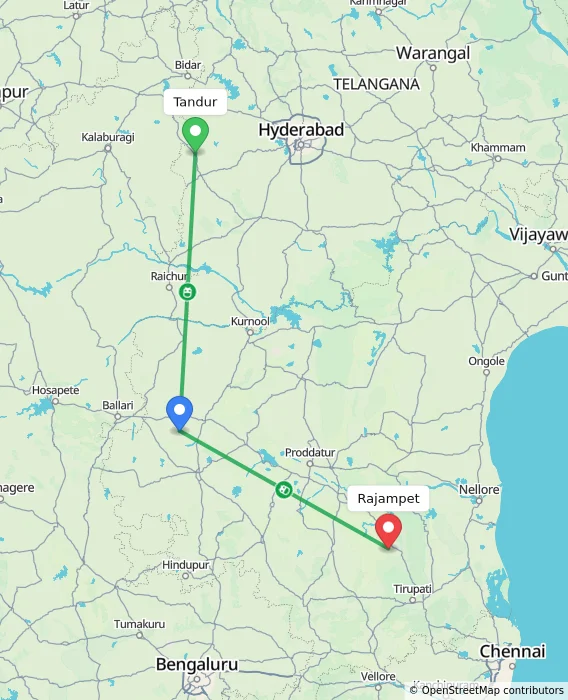 Route map showing distance and travel time from Tandur, India to Rajampet, India