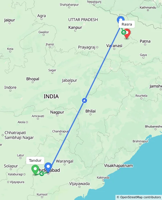 Route map showing distance and travel time from Tandur, India to Rasra, India