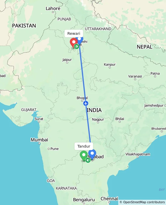 Route map showing distance and travel time from Tandur, India to Rewari, India