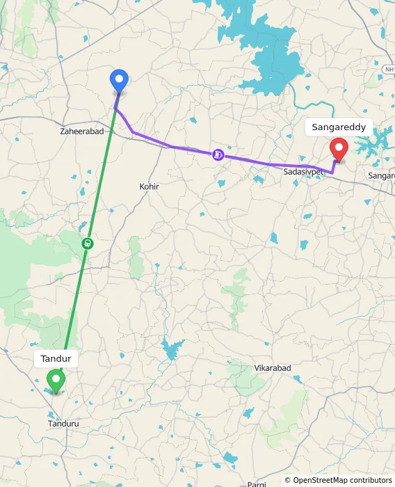 Route map showing distance and travel time from Tandur, India to Sangareddy, India