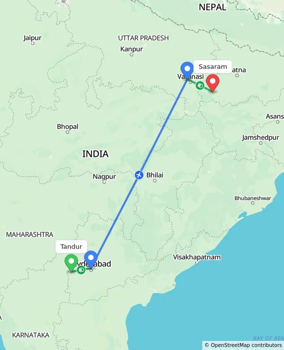 Route map showing distance and travel time from Tandur, India to Sasaram, India