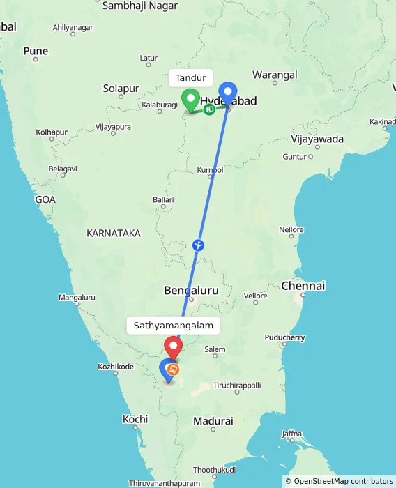 Route map showing distance and travel time from Tandur, India to Sathyamangalam, India