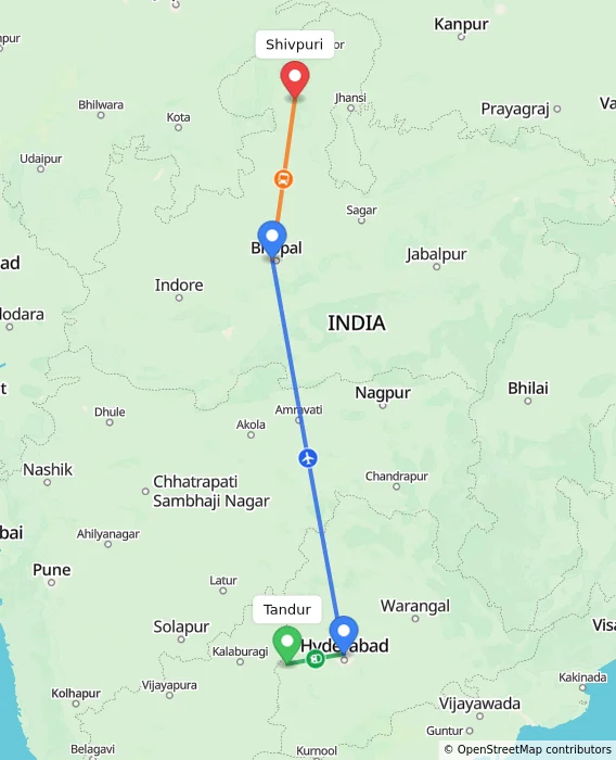 Route map showing distance and travel time from Tandur, India to Shivpuri, India