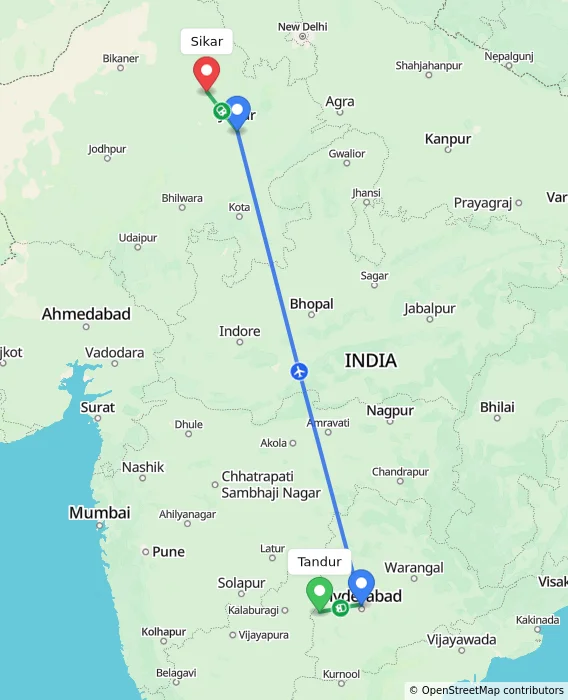 Route map showing distance and travel time from Tandur, India to Sikar, India