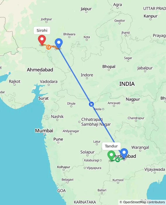Route map showing distance and travel time from Tandur, India to Sirohi, India