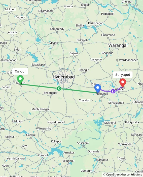Route map showing distance and travel time from Tandur, India to Suryapet, India
