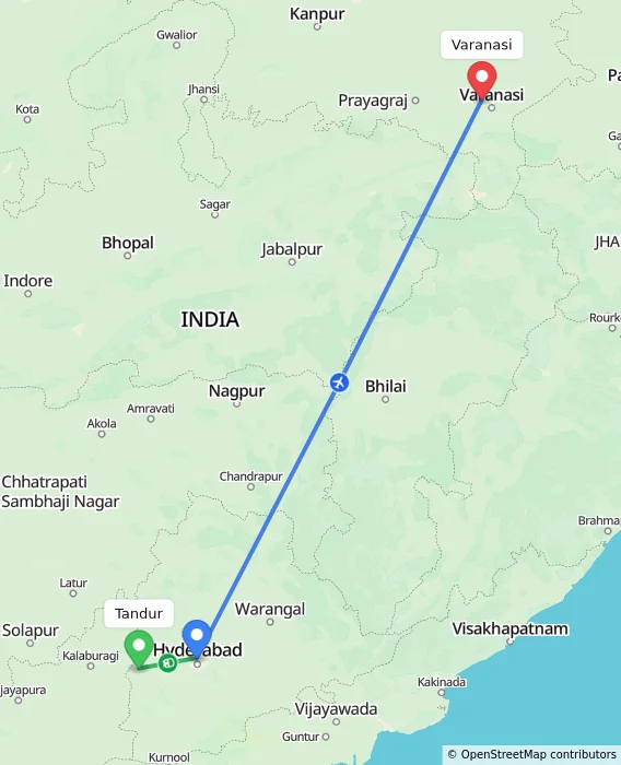 Route map showing distance and travel time from Tandur, India to Varanasi, India