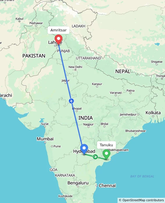 Route map showing distance and travel time from Tanuku, India to Amritsar, India
