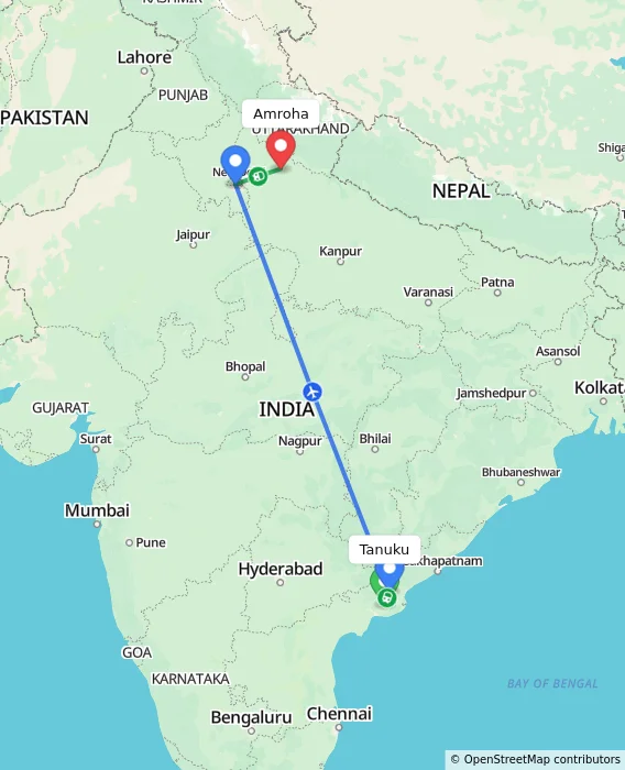 Route map showing distance and travel time from Tanuku, India to Amroha, India