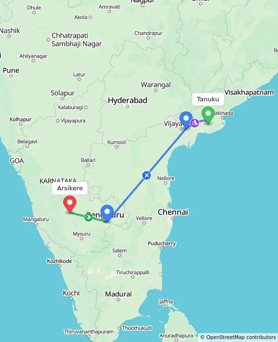Route map showing distance and travel time from Tanuku, India to Arsikere, India