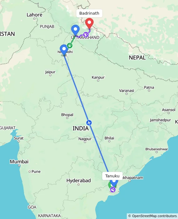 Route map showing distance and travel time from Tanuku, India to Badrinath, India
