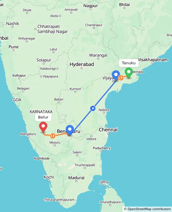 Route map showing distance and travel time from Tanuku, India to Belur, India