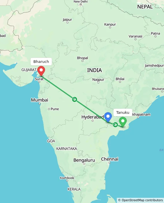 Route map showing distance and travel time from Tanuku, India to Bharuch, India