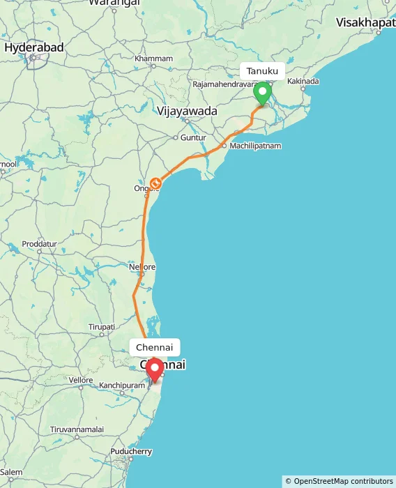 Route map showing distance and travel time from Tanuku, India to Chennai, India
