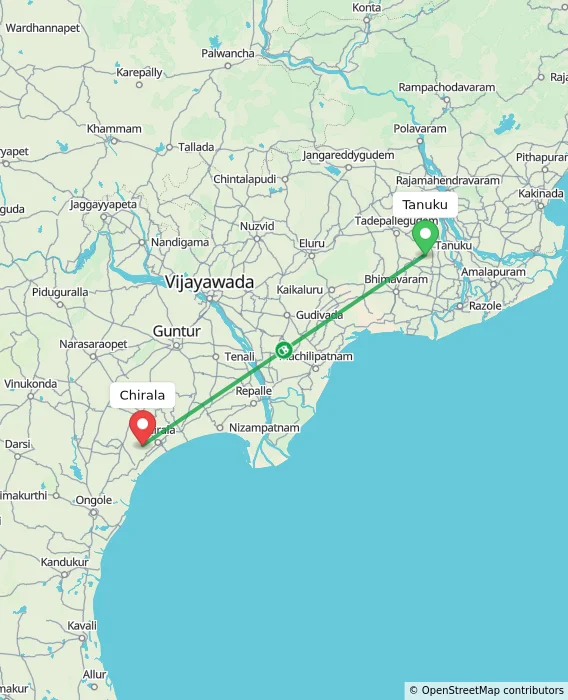 Route map showing distance and travel time from Tanuku, India to Chirala, India
