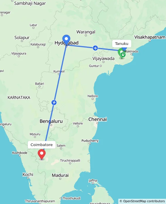 Route map showing distance and travel time from Tanuku, India to Coimbatore, India