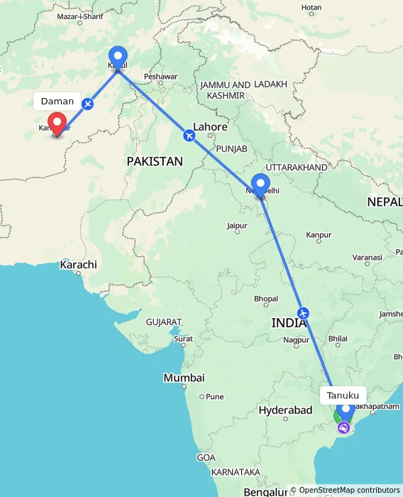 Route map showing distance and travel time from Tanuku, India to Daman, Afghanistan