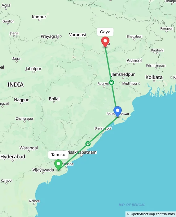 Route map showing distance and travel time from Tanuku, India to Gaya, India