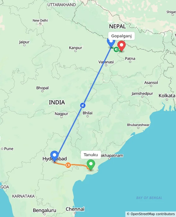 Route map showing distance and travel time from Tanuku, India to Gopalganj, India